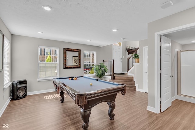 3546 Brampton Ln, Westfield, IN 46074 - recreation room with light wood-style floors, baseboards, billiards table, recessed lighting, and a textured ceiling