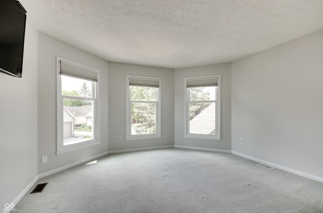 carpeted spare room with healthy amount of natural light, a textured ceiling, and baseboards