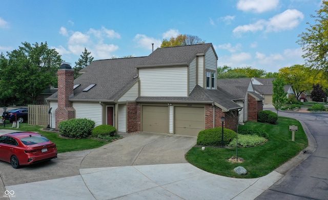 traditional-style house with brick siding, concrete driveway, a garage, roof with shingles, and a front lawn