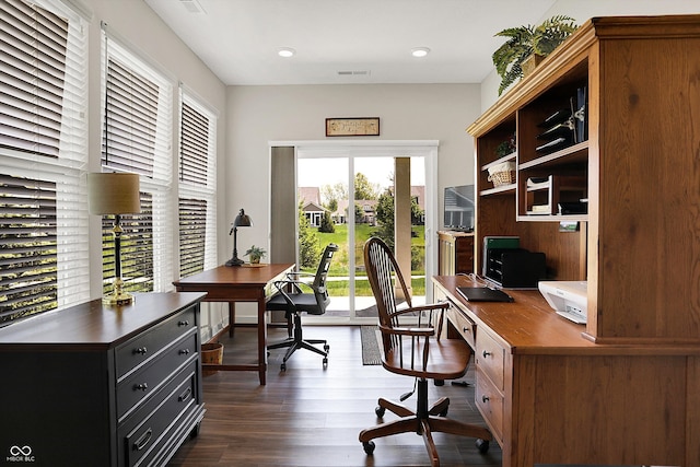 office space with dark wood-type flooring and recessed lighting