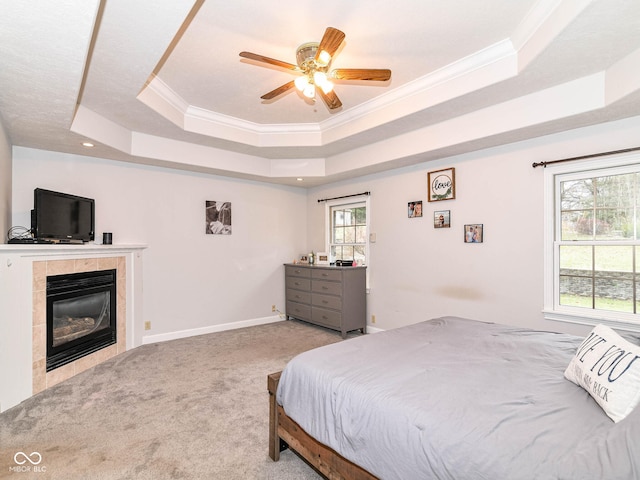 941 W Barouche, Pendleton, IN 46064 - bedroom featuring a raised ceiling, carpet, ornamental molding, a fireplace, and baseboards