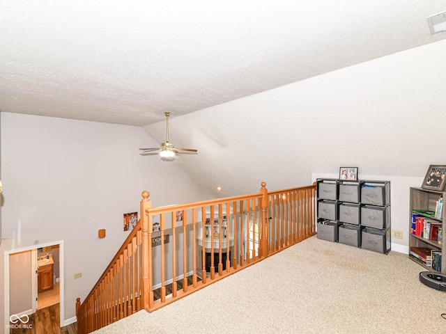 941 W Barouche, Pendleton, IN 46064 - hallway with an upstairs landing, baseboards, carpet floors, high vaulted ceiling, and a textured ceiling