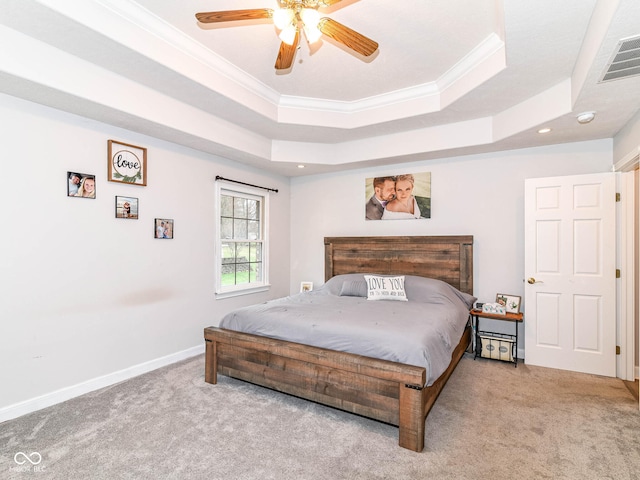 941 W Barouche, Pendleton, IN 46064 - bedroom with carpet flooring, a tray ceiling, crown molding, ceiling fan, and baseboards