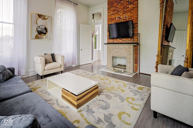 living room featuring a fireplace, crown molding, baseboards, and wood finished floors