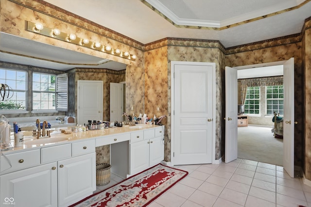 12065 Gray Eagle Dr, Fishers, IN 46037 - bathroom with wallpapered walls, ornamental molding, tile patterned flooring, double vanity, and a tray ceiling