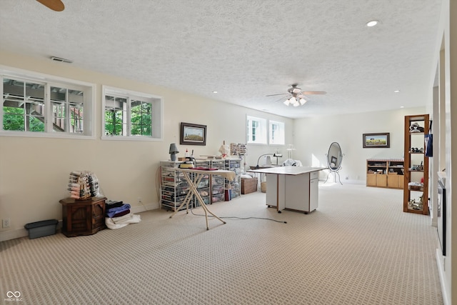 12065 Gray Eagle Dr, Fishers, IN 46037 - office area featuring ceiling fan, carpet, baseboards, a textured ceiling, and recessed lighting