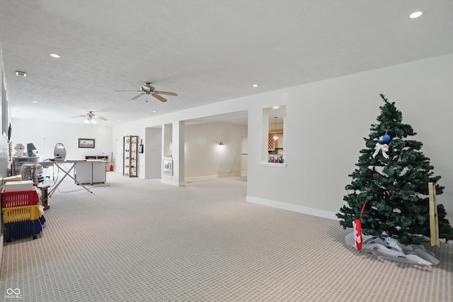 12065 Gray Eagle Dr, Fishers, IN 46037 - living room featuring light carpet, baseboards, recessed lighting, a ceiling fan, and an office area