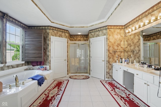 12065 Gray Eagle Dr, Fishers, IN 46037 - full bathroom featuring wallpapered walls, a shower stall, a bath, tile patterned floors, and vanity