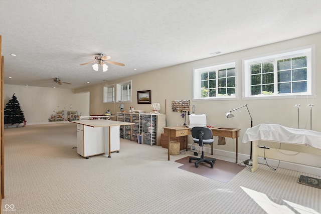 12065 Gray Eagle Dr, Fishers, IN 46037 - home office featuring light carpet, a ceiling fan, baseboards, and recessed lighting