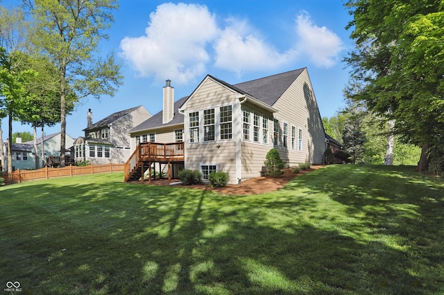 12065 Gray Eagle Dr, Fishers, IN 46037 - rear view of property featuring stairs, a wooden deck, and a chimney