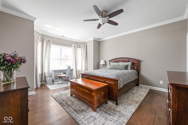 863 N Park Trail Dr, Carmel, IN 46032 - bedroom with a desk, crown molding, dark wood-style floors, baseboards, and ceiling fan