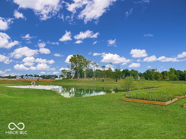 surrounding community with a water view and a yard