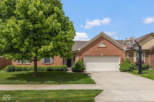 14018 Powder Dr, Carmel, IN 46033 - view of front of house featuring a garage, a front yard, brick siding, concrete driveway, and a shingled roof