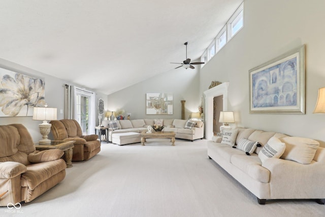 4732 Ferguson Rd, Indianapolis, IN 46239 - living room featuring carpet, high vaulted ceiling, and ceiling fan