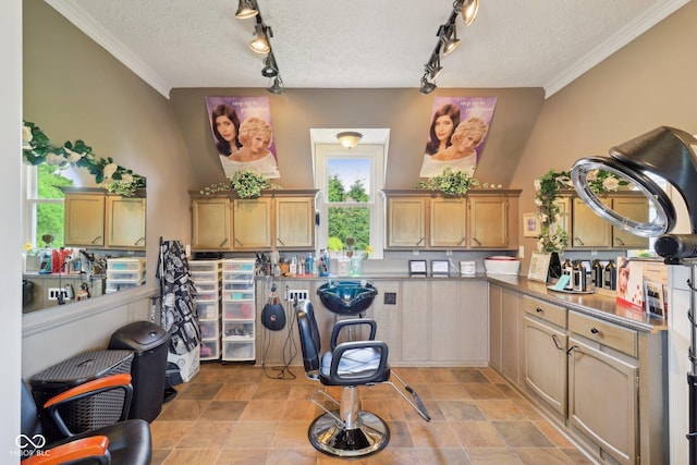 4732 Ferguson Rd, Indianapolis, IN 46239 - kitchen with a textured ceiling, crown molding, and rail lighting