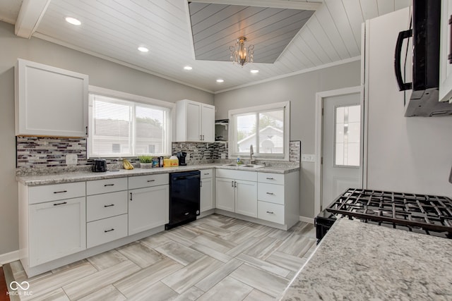 822 E King St, Kokomo, IN 46901 - kitchen featuring black appliances, a sink, decorative backsplash, healthy amount of natural light, and wooden ceiling