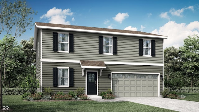 traditional-style home featuring a garage, a front lawn, and driveway