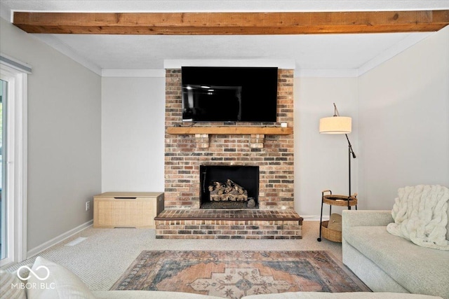 10444 Collingswood Ln, Fishers, IN 46037 - carpeted living area with a fireplace, beam ceiling, crown molding, and baseboards