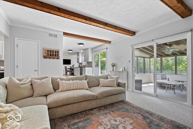 10444 Collingswood Ln, Fishers, IN 46037 - living area featuring beamed ceiling, dark colored carpet, and a textured ceiling