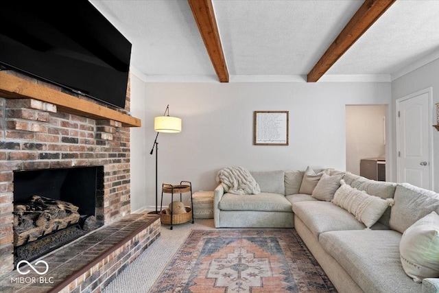 10444 Collingswood Ln, Fishers, IN 46037 - living area with carpet floors, beam ceiling, and a fireplace