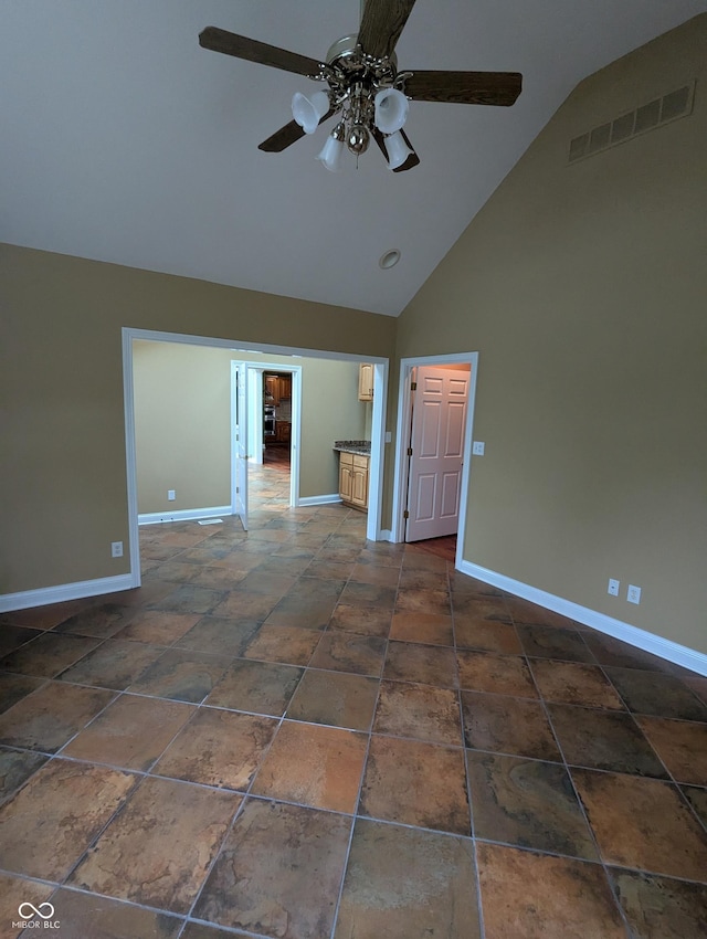 9640 Bramblewood Way, Carmel, IN 46032 - spare room featuring baseboards, a ceiling fan, and high vaulted ceiling
