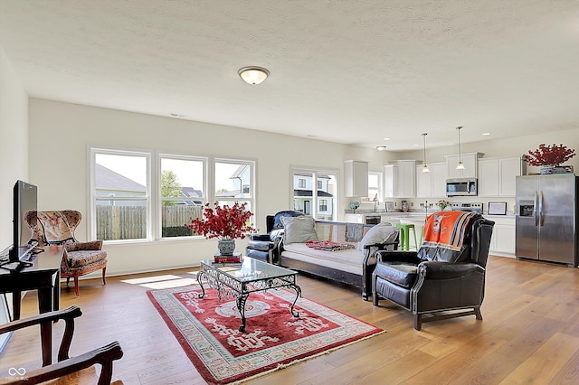 49 Manchester Dr, Trafalgar, IN 46181 - living area with light wood-style floors, a textured ceiling, and recessed lighting