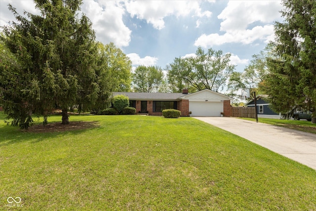 ranch-style house with a garage, concrete driveway, brick siding, and a chimney