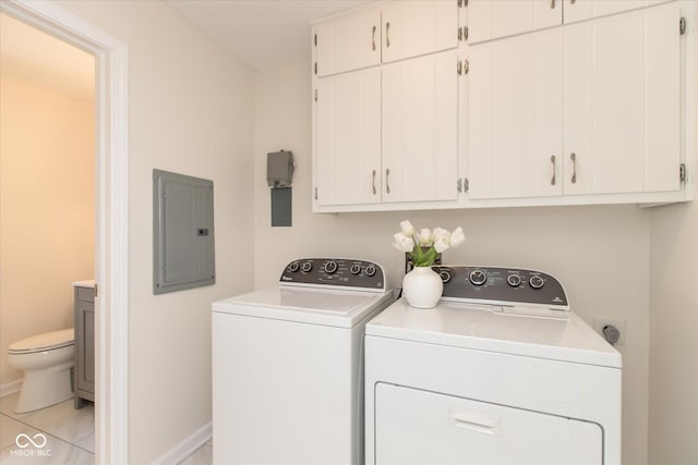 laundry room featuring independent washer and dryer, cabinet space, electric panel, and baseboards