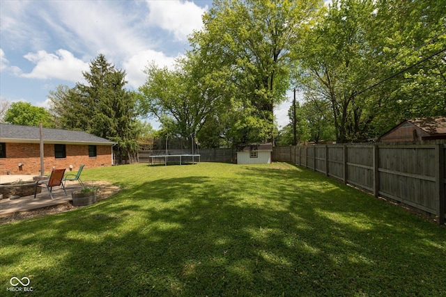 view of yard featuring a trampoline, a storage unit, an outdoor structure, and a patio area