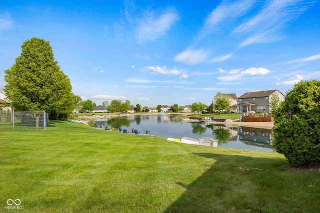 view of green lawn featuring a water view and a residential view