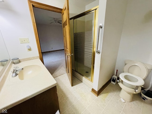 4706 W Old Trail Rd, Knightstown, IN 46148 - bathroom featuring a shower stall, a ceiling fan, vanity, and toilet