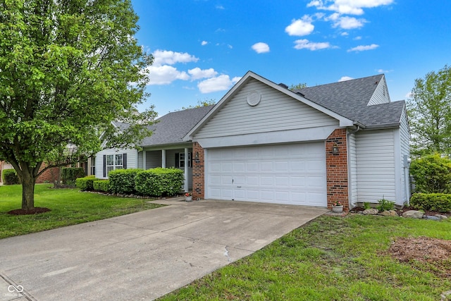 7156 Chemistry Ct, Indianapolis, IN 46239 - view of front of property featuring brick siding, a shingled roof, an attached garage, concrete driveway, and a front lawn