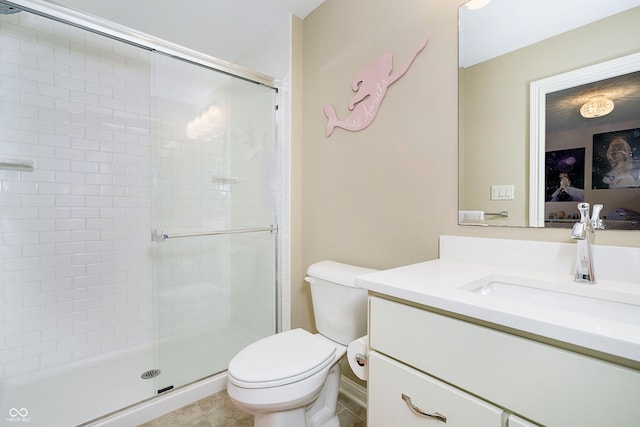 14003 Grannan Ln, Carmel, IN 46074 - bathroom with a shower stall, toilet, vanity, and tile patterned flooring