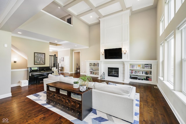 14003 Grannan Ln, Carmel, IN 46074 - living area with a towering ceiling, hardwood / wood-style floors, a large fireplace, baseboards, and beam ceiling