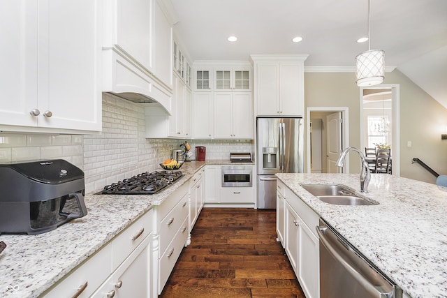 14003 Grannan Ln, Carmel, IN 46074 - kitchen featuring a sink, appliances with stainless steel finishes, dark wood-style floors, white cabinetry, and light stone countertops