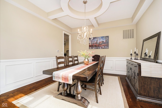 14003 Grannan Ln, Carmel, IN 46074 - dining space featuring a chandelier, dark wood-style flooring, a wainscoted wall, a decorative wall, and coffered ceiling