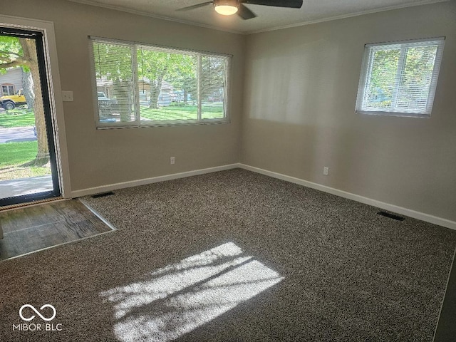 706 Alexander St, Greenwood, IN 46143 - carpeted empty room with crown molding, baseboards, and ceiling fan