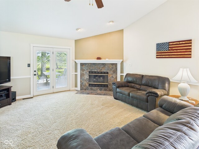 1356 S Catamaran Cir, Cicero, IN 46034 - carpeted living room featuring a ceiling fan, a tile fireplace, and baseboards