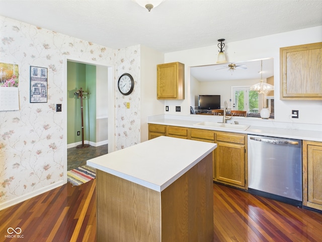 1356 S Catamaran Cir, Cicero, IN 46034 - kitchen featuring stainless steel dishwasher, wallpapered walls, a sink, dark wood-style floors, and baseboards