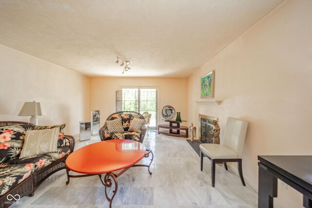 living room featuring a fireplace with flush hearth