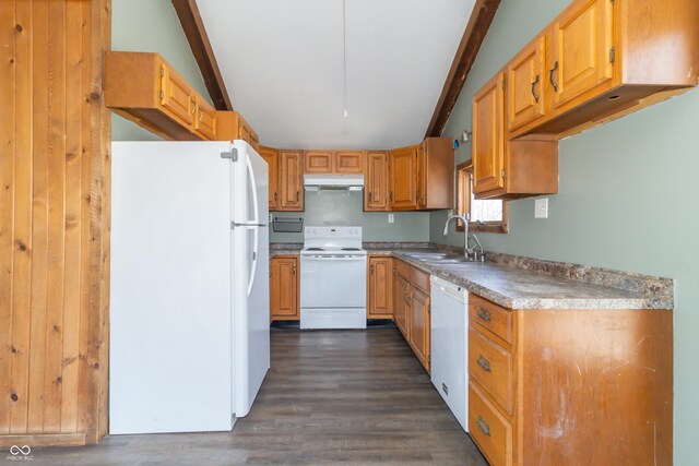 953 S 5th St, Noblesville, IN 46060 - kitchen featuring white appliances, a sink, under cabinet range hood, dark wood-type flooring, and brown cabinetry