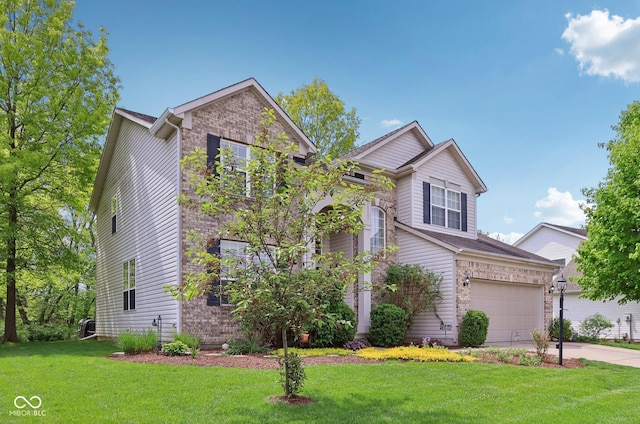 view of front of house with driveway, a front lawn, and brick siding