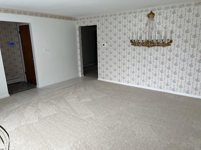 2927 E 8th St, Anderson, IN 46012 - empty room featuring a baseboard radiator, carpet flooring, wallpapered walls, and tile patterned floors