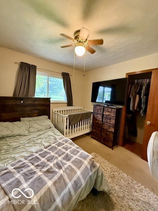 carpeted bedroom featuring multiple windows and a ceiling fan
