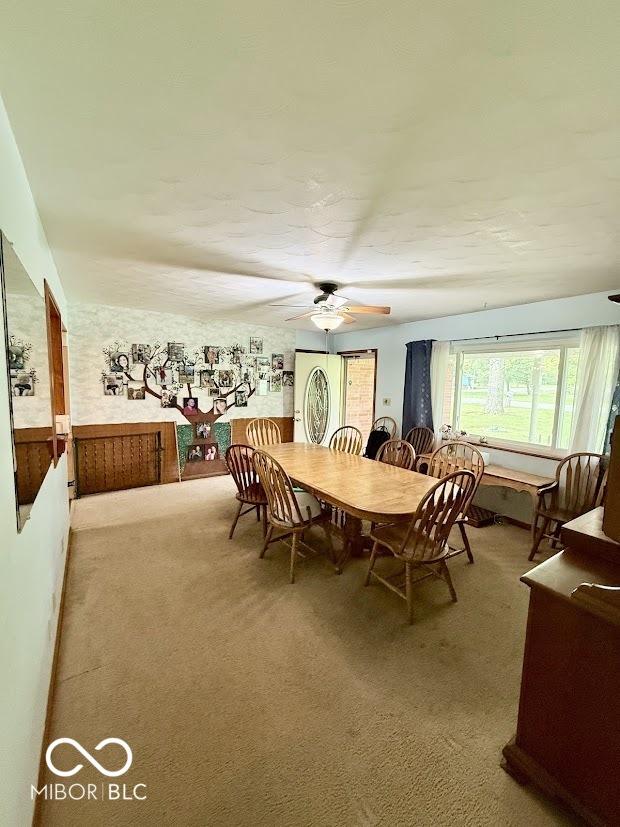 dining space with a ceiling fan and carpet flooring