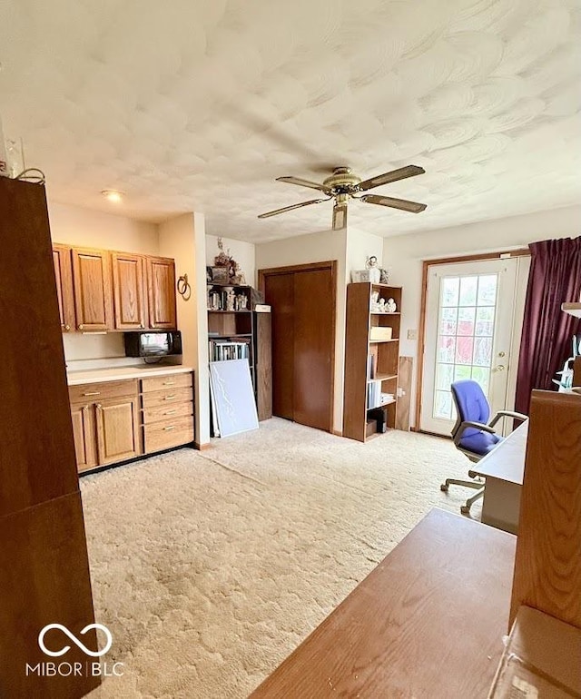 office space with ceiling fan and carpet floors