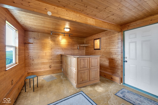 kitchen featuring wood walls and wooden ceiling