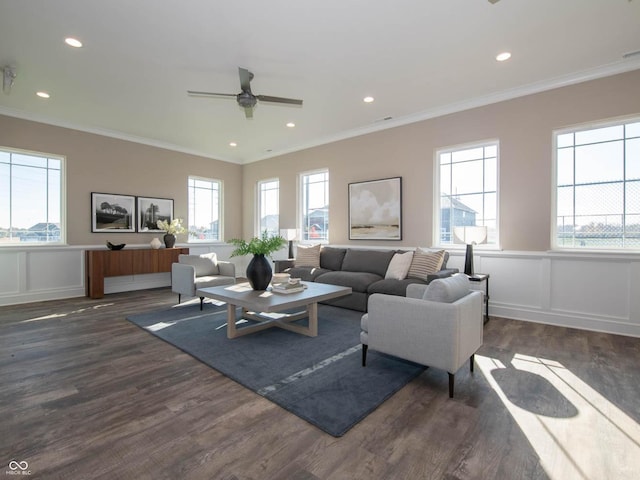 living area featuring dark wood-style flooring, crown molding, a ceiling fan, a decorative wall, and a wainscoted wall