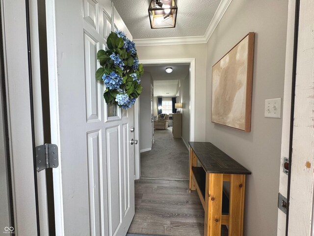 corridor featuring wood finished floors and ornamental molding