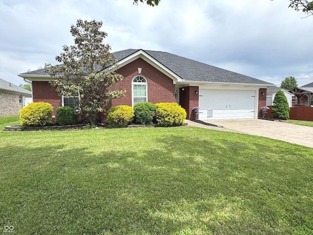 ranch-style home with brick siding, an attached garage, driveway, and a front lawn